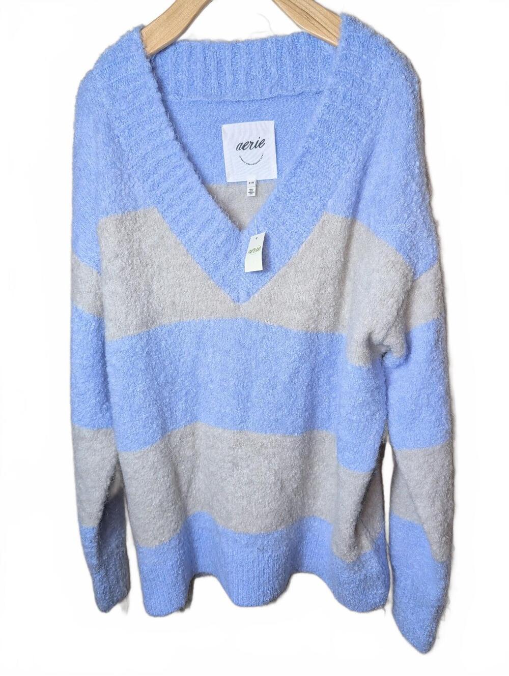 Aerie Striped Fuzzy Sweater V Neck Womens Size Medium Blue Chunky Relaxed New